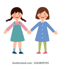 Cute girl kids hug best friend and feel happy in flat design.