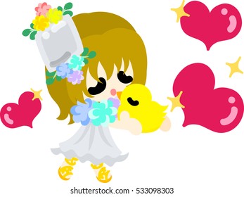 The cute girl kisses to a chick