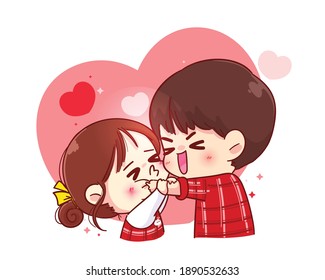 Cute girl kissing boy on cheek Happy valentine cartoon character illustration Premium Vector