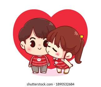 Cute girl kissing her boyfriend Happy valentine cartoon character illustration Premium Vector