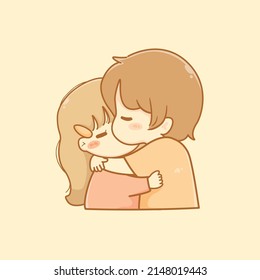 Cute  girl kissing and hugging her boyfriend cartoon character illustration