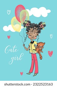 Cute girl with a kitten and balloons. Vector illustration.