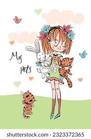 A cute girl with kittens and a bunny. Vector illustration.