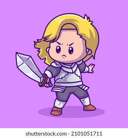 Cute Girl Knight With Sword Cartoon Vector Icon Illustration. People Hero Icon Concept Isolated Premium Vector. Flat Cartoon Style