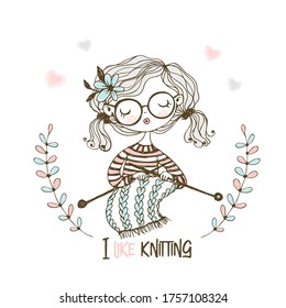 A Cute Girl Knits A Scarf On Her Knitting Needles. Vector.