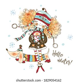 Cute girl in a knitted hat drinking a hot drink outside in winter with her doggie dog Dachshund .Winter fun illustration. Watercolors and graphics. Vector.