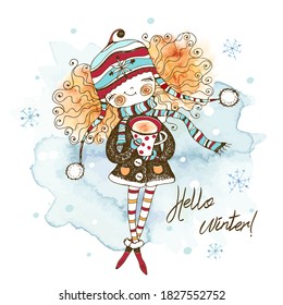 A cute girl in a knitted hat holds a mug of hot tea outside in winter. Graphics and watercolors. Christmas card. Vector.