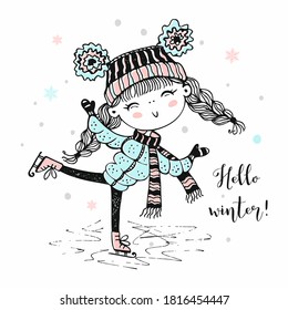 Cute girl in a knitted hat skating. Hello winter. Vector.