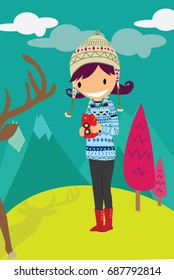 A cute girl with a knitted sweater and hat taking photos of a deer with TLR camera in the mountain valley under bright tosca sky near magenta pines.