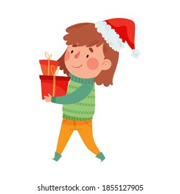 Cute Girl in Knitted Sweater and with Red Hat Carrying Pile of Wrapped Gift Boxes Vector Illustration