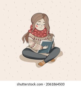 Cute girl in a knitted sweater and red scarf sitting and reading a book. Winter scarf and warm sweater with ornaments