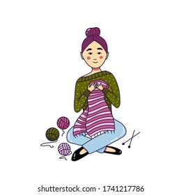 A cute girl knitter sits and holds a scarf in her hands, next to it are tangles of thread and knitting needles. Profession illustration for alphabet, hobby concept, needlework isolated on a white back