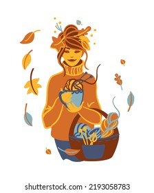 Cute girl with knitting project bag, autumn knitting season. Vector illustration.