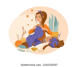 Cute girl knitting a scarf while sitting at home. Vector illustration.