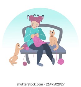 Cute girl knitting a scarf while sitting at outdoor. Vector illustration. Crochet day.