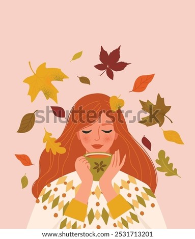 Cute girl in a knitting sweater drinks a cup of tea or coffee with autumn leaves. Postcard design with a young red-haired cheerful girl and the inscription Hello Fall