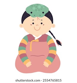 Cute girl in Korean clothes hanbok in snake hat character illustration. Hand drawn cartoon vector illustration. Flat style design. Seollal holiday card, poster, banner element