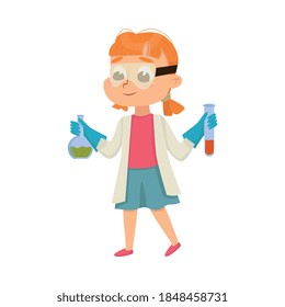 Cute Girl in Laboratory Coat Holding Glass Flask with Chemical Vector Illustration
