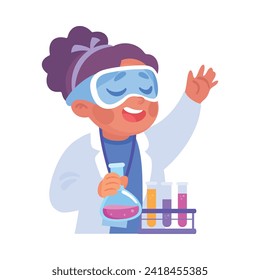 Cute Girl at Laboratory with Flask Conduct Experiment Vector Illustration