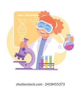 Niña en el laboratorio con máscara y microscopio Lanza experimental de vectores