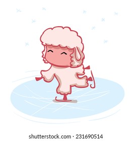 Cute girl lamb ice skating. Cartoon vector illustration. Japaneese kawaii style. symbol of the year