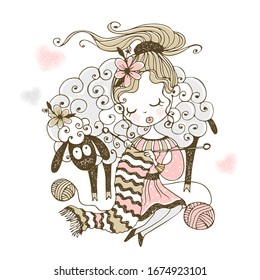 A cute girl with a lamb knits a scarf on the spokes. Vector.