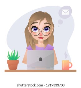 Cute girl with laptop, notebook, message clouds, with glasses, shirt, and with plant, succulent in a pot and cup of coffee on a table. Vector illustration with abstract gray background.
