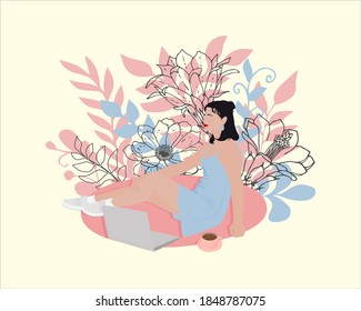 Cute girl with laptop. Vector image of a girl sitting near a laptop. Remote work. The robot is at home. Happiness. Back to school, study, learning, knowledge and education vector concept. 