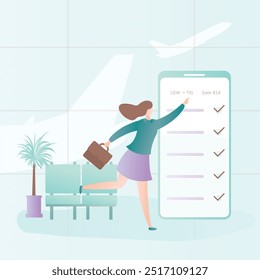 Linda chica llega tarde para el check-in en el aeropuerto, concepto de check-in en línea, interior del aeropuerto, despegue del avión, teléfono inteligente grande con signos, Ilustración vectorial de estilo de moda