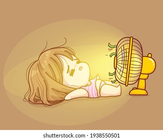 Cute girl lay down in front of fan very hot in summer cartoon illustration