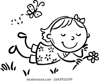 Cute girl laying on blooming lawn. Line art