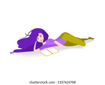Cute girl laying and read. Vector illustration