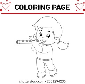 cute girl is learning flute instrument coloring page for kids