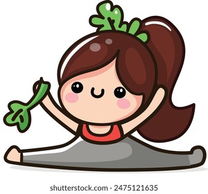 A cute girl in a leg split with lettuce in her hand. 