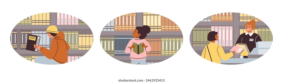 Cute girl in the library or bookstore vector illustrations set. Cartoon child choosing books on bookshelf. Education and reading concept. Happy booklover in oval frame