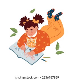 Cute  girl lies on her stomach and draws in an album or paints. A character in home clothes.Curly hair is gathered in bunches with bows.Vector clip-art on white background.Cartoon flat illustration.