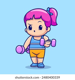 Cute Girl Lifting Dumbbell Cartoon Vector Icon Illustration. People Sport Icon Concept Isolated Premium Vector. Flat Cartoon Style