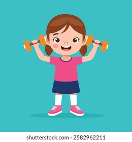 Cute Girl Lifting Dumbbell, Fitness Workout Flat Vector Illustration