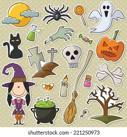 Cute girl like a witch with Halloween objects stickers set