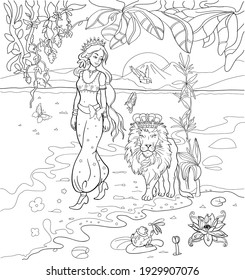  Cute   Girl And Lion. Princess.  Outlined For Coloring Book