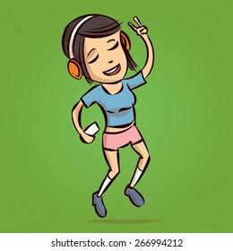 Cute girl listening music. Hand drawn cartoon vector illustration