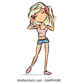 Cute girl listening music. Hand drawn cartoon vector illustration