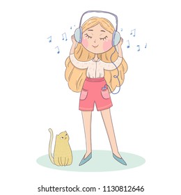 Cute girl listening to music with headphones with cat. Vector design Hand drawn  illustration. 