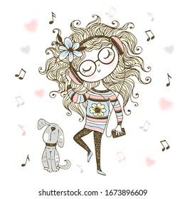 Cute girl listening to music with headphones and dancing. Vector.