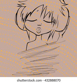 A cute girl is listening to music in headphones and singing with closed eyes in sketch style on abstract background - vector illustration