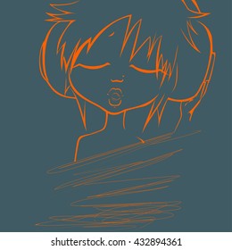 A cute girl is listening to music in headphones and singing with closed eyes in sketch style on dark background - vector illustration