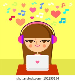 Cute girl listening to music on the laptop (vector version)