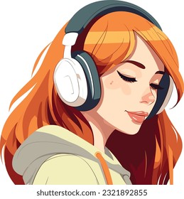 cute girl listening to music peacefully illustration, joyful girl listening to music