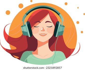 linda muchacha escuchando música pacíficamente ilustración, alegre muchacha escuchando música