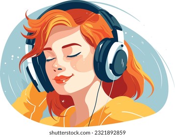 linda muchacha escuchando música pacíficamente ilustración, alegre muchacha escuchando música